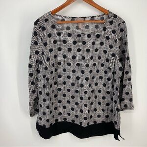 Chico's Blouse Top 2 (L/12) Polka Dot Pullover, Black White, 3/4 Roll Tab Sleeve